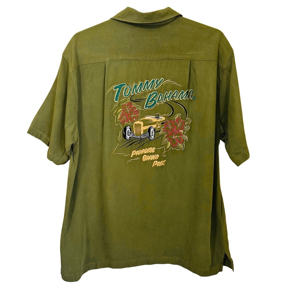 Tommy Bahama Size L Silk Twill Grand Prix Race Car Embroidered Camp Shirt Green